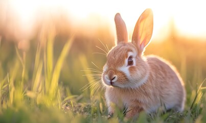 Fototapeta premium Rabbit running around in green grass, Generative AI
