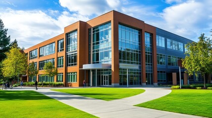A modern school building with large glass windows and a welcoming entrance, surrounded by green lawn, with plenty of copy space