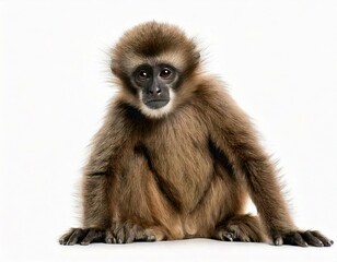 Obraz premium Young Pileated Gibbon, 4 months old, sitting in front of white