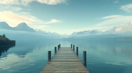 Fototapeta premium A peaceful wooden pier on a lake with mountains in the distance and vast sky space for text