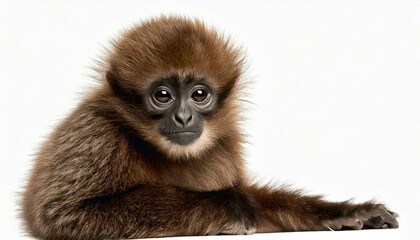 Obraz premium Young Pileated Gibbon, 4 months old, sitting in front of white
