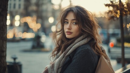 Fototapeta premium Woman in winter coat against city sunset. Ideal for urban fashion and city lifestyle content.