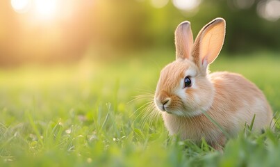 Rabbit running around in green grass, Generative AI