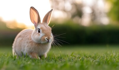 Rabbit running around in green grass, Generative AI