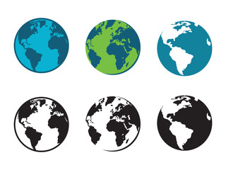 earth globe icons set in blue and black for global business, geography, and travel