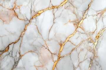 Close-up photo of luxurious white marble With a subtle pink undertone and dramatic gold lines running across the polished surface.