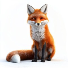 Fototapeta premium Red fox with a bushy tail sitting in the snow, placed on a bright white background