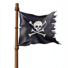 Fototapeta premium pirate flag with a skull and crossbones waving on a wooden mast, isolated on a clean white background