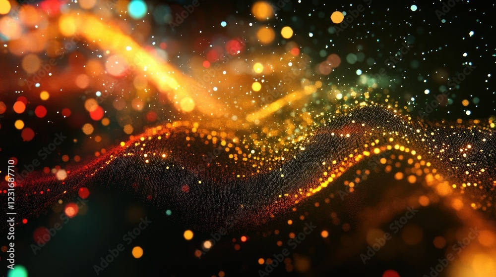 Poster abstract digital background with dynamic waves of glowing multicolor data patterns