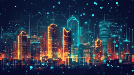 Fototapeta premium Abstract digital cityscape with glowing skyscrapers and holographic overlays, no people, copy space