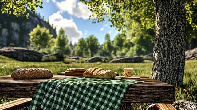 Freshly baked bread and coffee on a picnic table in a serene forest setting under a sunny sky