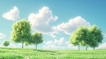 Fototapeta premium illustration of Summer fields landscape with a dawn,Rainbow, green grass hills, bright color blue sky, country background,banner resting vacation.