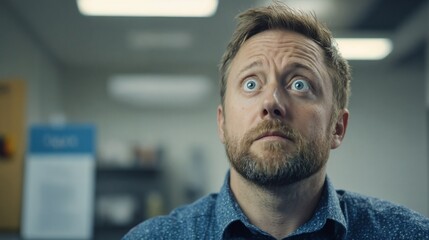 Obraz premium Man with surprised expression in office setting. Suitable for workplace emotion and business reaction content.