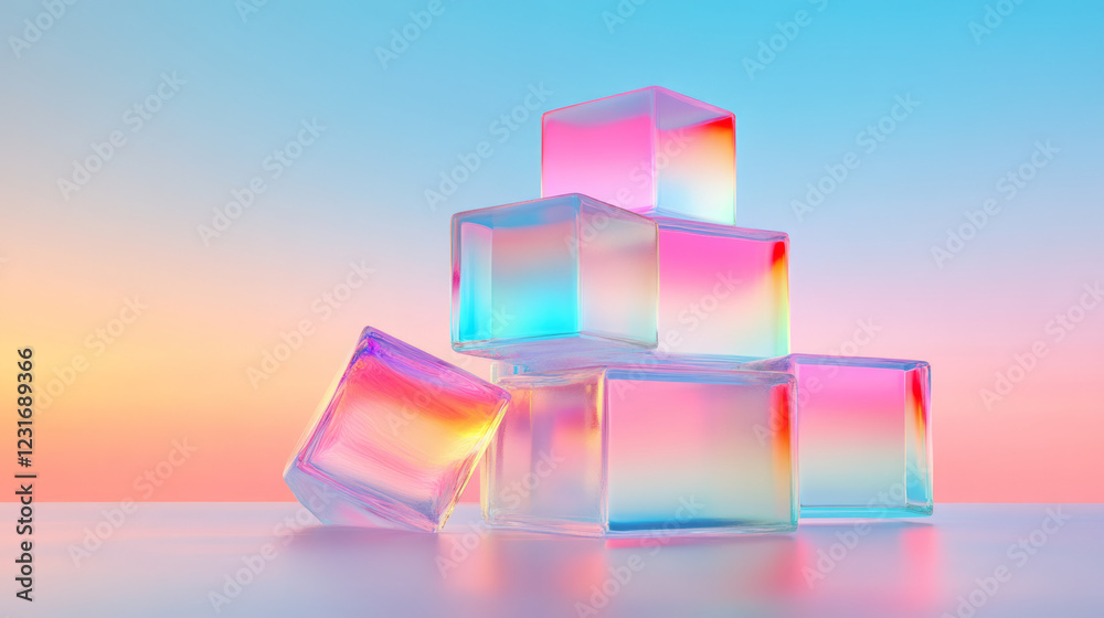Poster a dynamic 3d composition featuring an array of reflective cuboids, aligned in a staggered pattern, i