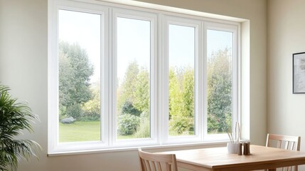 Fototapeta premium Bright Dining Room with White Windows and Garden View