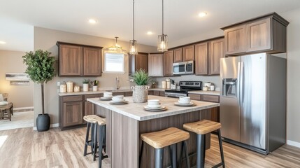 Bright and spacious kitchen with natural wood cabinets, a center island, and stainless steel appliances
