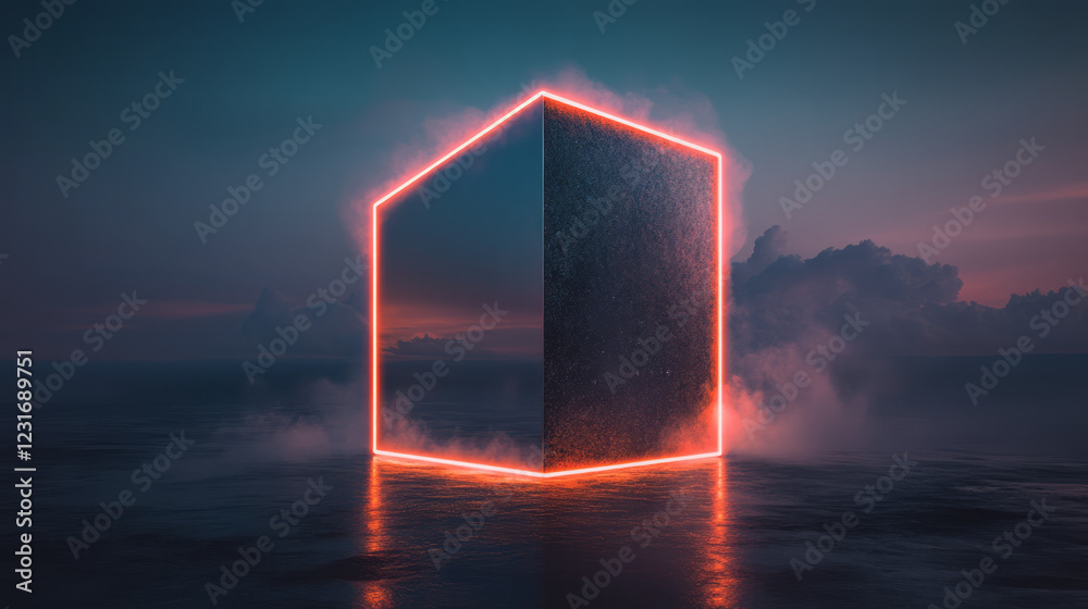 Poster a minimalist scenario where one large mirrored block is split into segments, each segment mirrored b