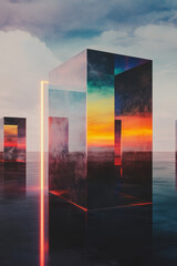 A surreal depiction of hovering mirror blocks arranged in a grid, where neon pulses traverse their faces, accentuating the black negative space,