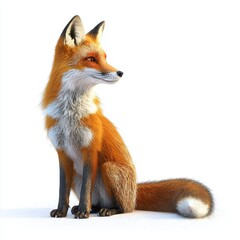 Obraz premium Red fox with a bushy tail sitting in the snow, placed on a bright white background