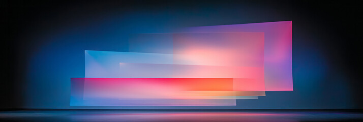 Fototapeta premium A dynamic long-exposure effect of floating prisms reflecting neon glows, creating streaks of light and illusions of motion on a jet-black stage,
