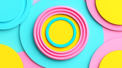 Colorful Geometric Layers of Plates and Circles in Pink, Yellow, and Blue Tones for Abstract Art Background