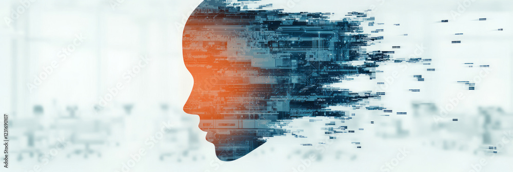 Poster an elegant dual-exposure style image blending the silhouette of a translucent ai head with a bustlin