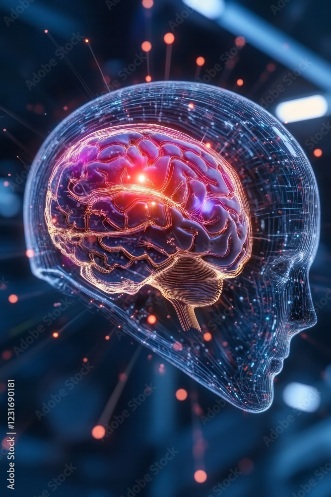 Poster a macro perspective featuring a translucent circuit-driven brain inside an ai head, reflecting the g