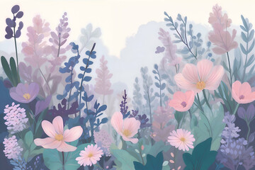 The background is a blooming summer meadow in delicate lilac and pink tones
