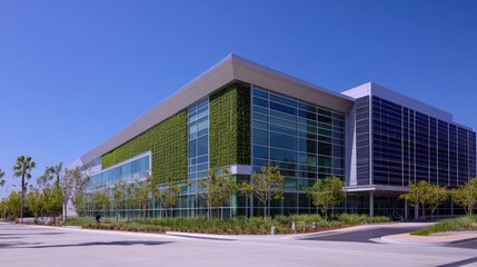 Obraz premium Clean tech building exterior with vertical green gardens and solar panels integrated, no people, copy space