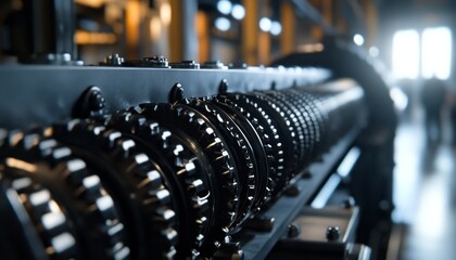 Obraz premium Interlocking Gear System Close-up Detail of Industrial-Strength Automated Manufacturing Machine.