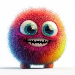 Obraz premium Fluffy rainbow-colored monster with big round eyes and a friendly smile, isolated on a clean white background