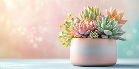 Obraz premium Succulent plants arrangement on pastel colored background. Potted succulent house plants. Flat lay, top view, copy space