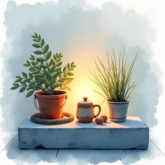 Fototapeta premium Serenity in Still Life Watercolor Double Exposure of Cozy Arrangement on Concrete Block