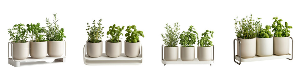 Fototapeta premium Assortment of fresh herbs including basil thyme rosemary and mint growing in various pots and containers arranged for culinary and home decor purposes