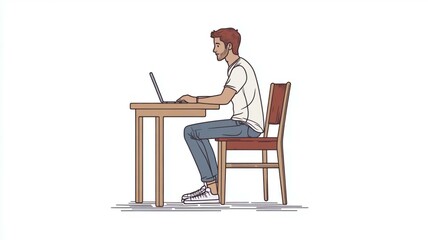 Young Man Working on Laptop at Desk in Minimalist Home Office Setting