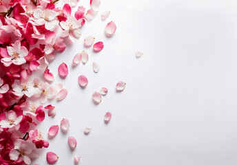 舞い散るピンクの桜の花びらと満開の桜の白い背景　俯瞰構図
