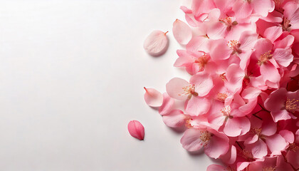 舞い散るピンクの桜の花びらと満開の桜の白い背景　俯瞰構図
