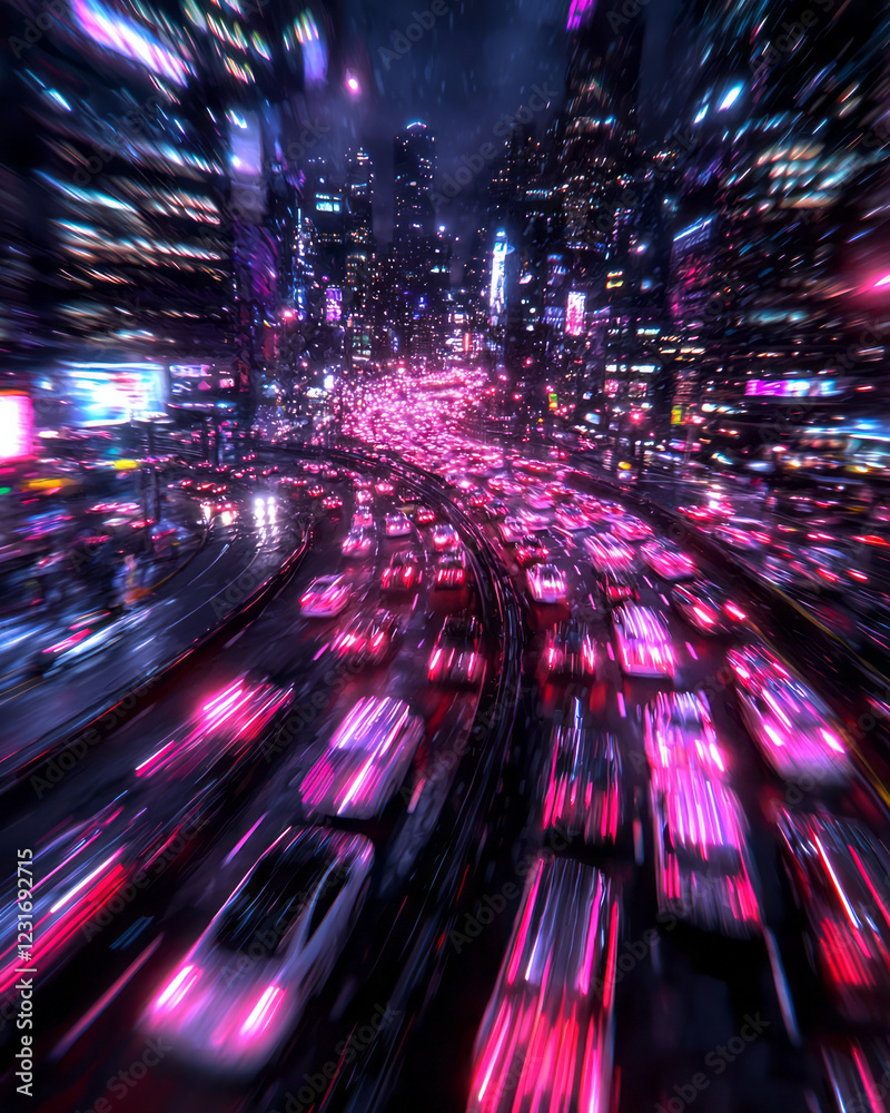 Aufkleber A dynamic overhead shot where multicolored streaks of vehiclesâ€™ lights form a vivid neon tapestry on a winding nighttime street,