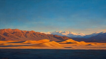 Naklejka premium Dramatic desert scene with shadows of sand dunes and distant snowy mountains under a warm sunset glow