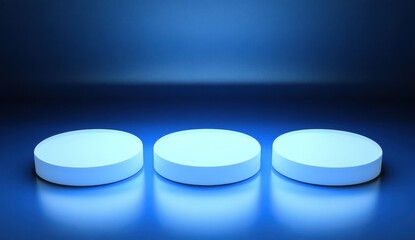 serene 3D render featuring three glowing circular platforms against deep blue background, creating modern and minimalist aesthetic