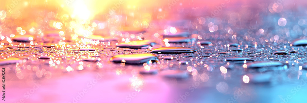 Fototapete a detailed macro perspective of shimmering light reflections on a wet blacktop, focusing on the mesm