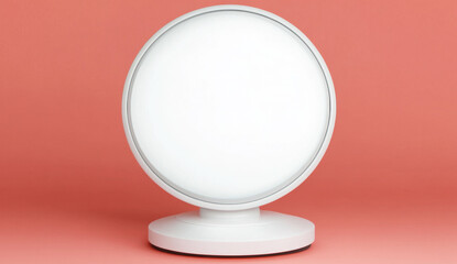 modern white lamp with circular design on pink background, creating minimalist aesthetic. This stylish lamp adds contemporary touch to any space