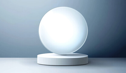 modern white podium with glowing circular display, set against gradient blue background, creates serene and futuristic atmosphere