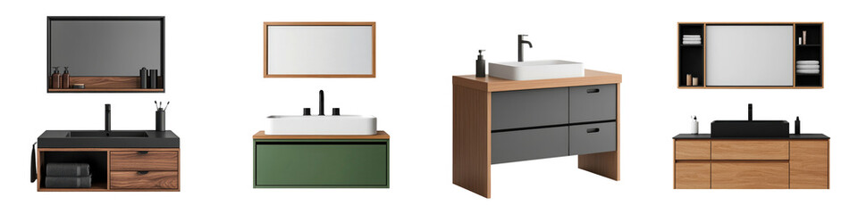 Collection of modern bathroom vanity units with integrated mirrors drawers and open shelving in different wood tones finishes and designs suitable for residential commercial or hospitality spaces