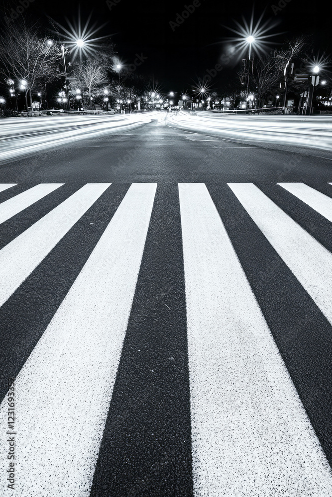 Aufkleber an artful perspective capturing light trails passing by a quiet pedestrian crossing, emphasizing the