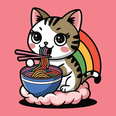 Cheerful cute cat eating nuddle : Kawaii Chibi Cartoon 