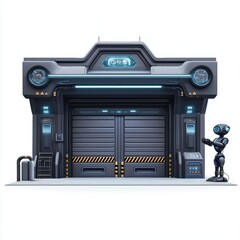 Futuristic smart garage with automated doors and a robotic assistant, centered on a clean white background