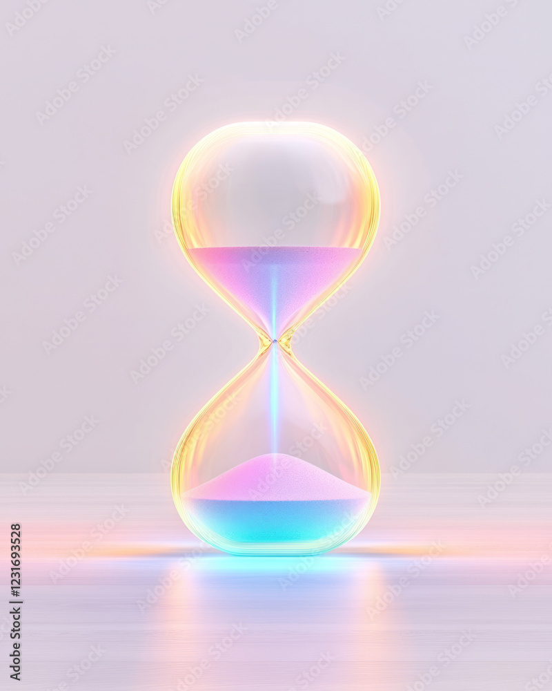 Aufkleber a minimalist scene featuring a transparent hourglass with bold neon sand, each grain illuminated to 