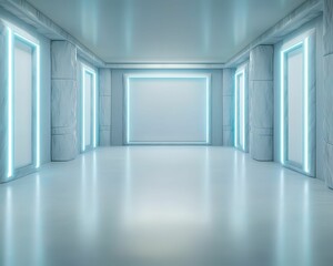 Obraz premium A modern, minimalistic room with glowing blue accents and sleek marble columns, featuring empty wall spaces for potential artwork display.