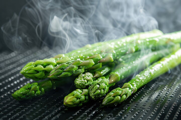 A close-up shot of fresh asparagus spears sizzling on a hot grill, with steam rising. The vibrant green color and water droplets enhance the freshness, creating a mouthwatering food scene.  
